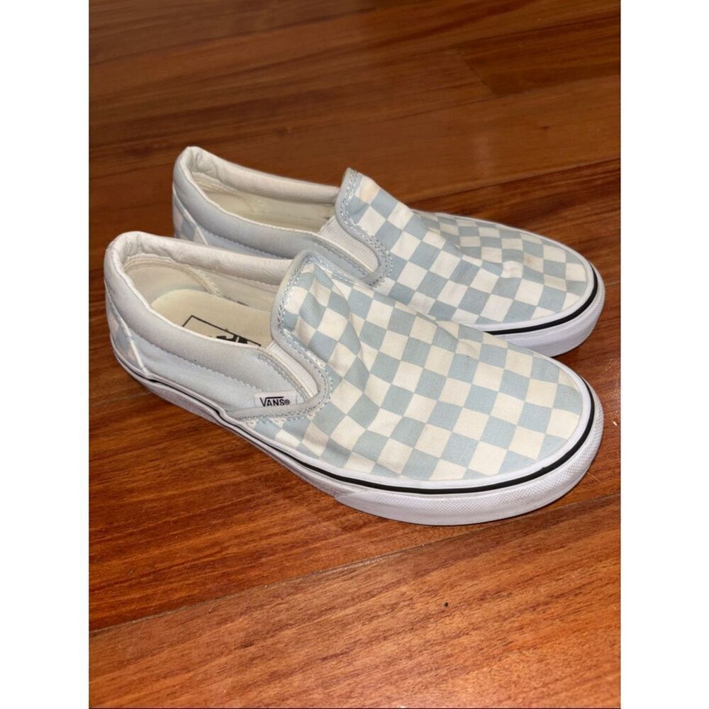 Vans Slip-On Checkerboard Sneakers - Light Blue & White Mens size 6